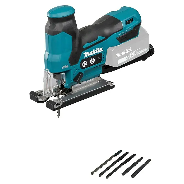 Makita LXT 18V Akku-Pendelhubstichsäge DJV185Z - 18 V, Ohne Akku, Leerlaufhubzahl: 800 /min - 3.000 /min - Türkise und schwarze Makita Akku-Stichsäge mit 18V Akku und verschiedenen Sägeblättern.