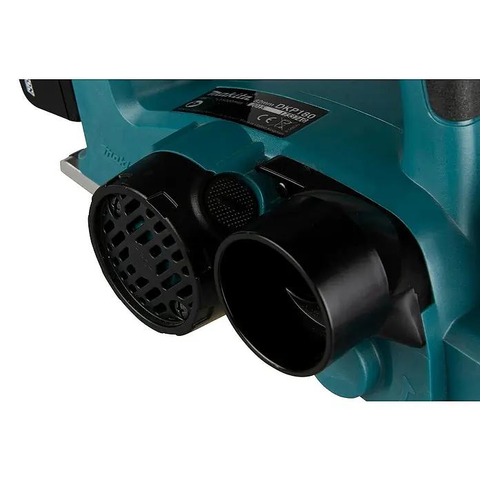 Makita LXT 18V Akku-Handhobel DKP180Z - 18 V, Li-Ionen, Ohne Akku, Hobelbreite: 82 mm - Nahaufnahme eines türkisfarbenen Makita DKP180 Akku-Hobels mit schwarzem Staubabsauganschluss und Auswurfstutzen.