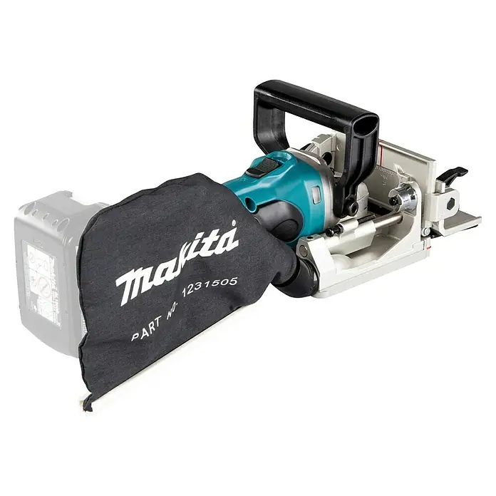 Makita LXT 18V Akku-Flachdübelfräse DPJ180Z - 18 V, Ohne Akku, 0 Ah, Schnitttiefe: 20 mm - Makita Akku-Flachdübelfräse, türkis-grau, mit schwarzem Staubbeutel. Eine unscharfe Batterie ist dahinter.