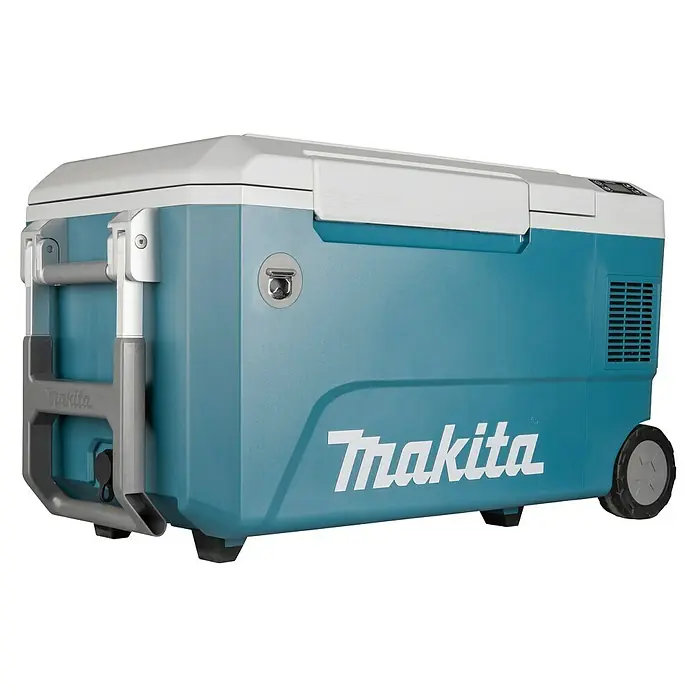 Makita Akku-Kühlbox zum Kühlen & Warmhalten CW002GZ01 - Ohne Akku, 50 l - Blauer und weißer Makita Kühl-/Heizbox mit Griffen, Rädern, Digitalanzeige und integriertem Flaschenöffner.