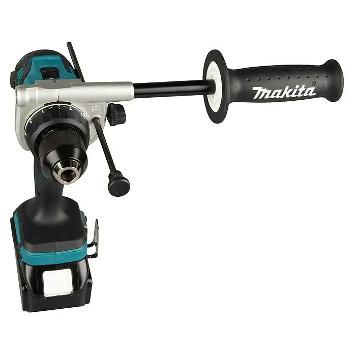 Makita LXT 18V Akku-Schlagbohrschrauber DHP492RTJ - 18 V, 2 Akkus, 5 Ah, 130 Nm - Eine schwarz-türkise Makita Akku-Bohrmaschine mit silbernem Seitenhandgriff und Tiefenanschlag.