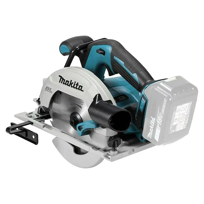 Makita LXT 18V Akku-Handkreissäge DHS680Z - 18 V, Ohne Akku, Leerlaufdrehzahl: 5.000 U/min - Makita 18V Akku-Kreissäge in Türkis, Schwarz und Hellgrau mit montiertem Akku.