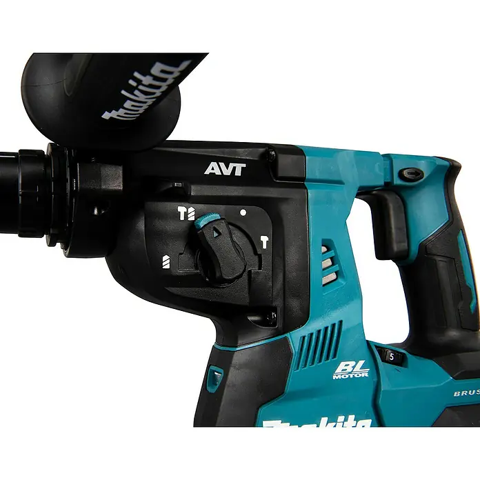 Makita XGT 40V max. Akku-Kombihammer HR004GM201 - 40 V, 2 Akkus, 2,9 J - Türkiser und schwarzer Makita Bohrhammer mit Moduswahlschalter, 'AVT' und 'BL MOTOR' Branding.