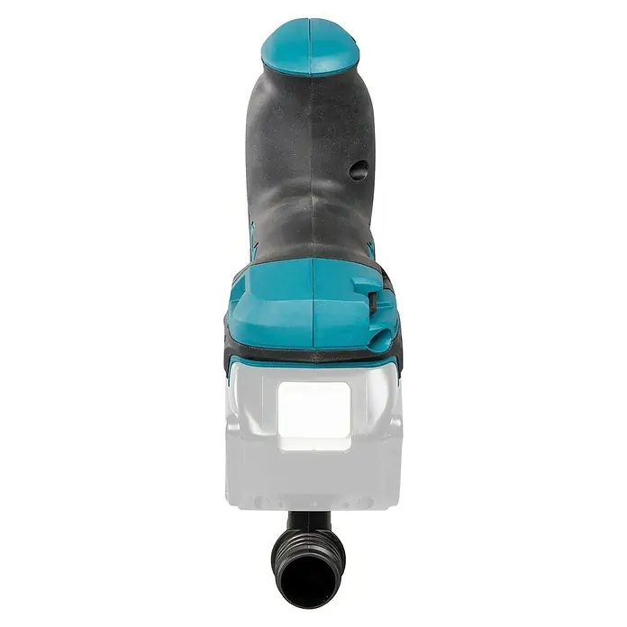 Makita LXT 18V Akku-Pendelhubstichsäge DJV185Z - 18 V, Ohne Akku, Leerlaufhubzahl: 800 /min - 3.000 /min - Schwarz-türkises Akku-Elektrowerkzeug mit LED-Arbeitslicht am Akku und dunklem Schlauchanschluss an der Basis.