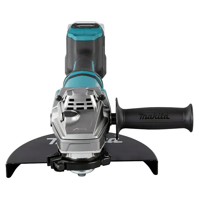 Makita XGT 40V max. Akku-Winkelschleifer GA038GZ - 40 V, Ohne Akku, Durchmesser Scheibe: 230 mm - Makita Akku-Winkelschleifer mit türkis-schwarzem Gehäuse, silbernem Kopf, schwarzem Schutz und Seitenhandgriff.
