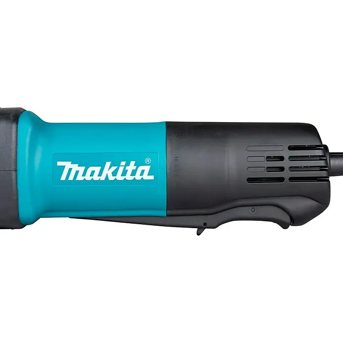Makita Geradschleifer GD0600 - 400 W, 25.000 U/min - Detail eines türkis-schwarzen Makita Elektrowerkzeugs mit Logo und ergonomischem Griff.