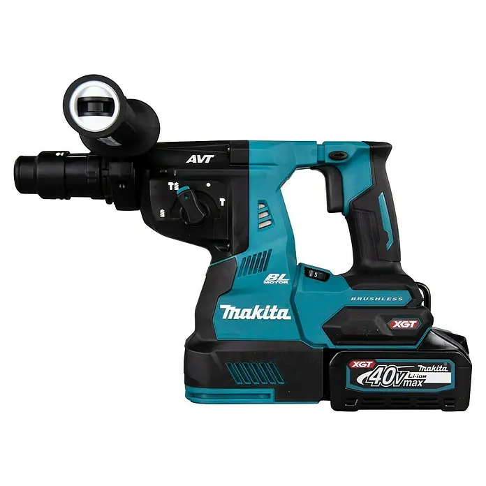 Makita XGT 40V max. Akku-Kombihammer HR004GM201 - 40 V, 2 Akkus, 2,9 J - Türkis-schwarzer Makita Akku-Bohrhammer mit 40V Akku, bürstenlosem Motor, AVT-Technologie und Zusatzlicht/Griff.