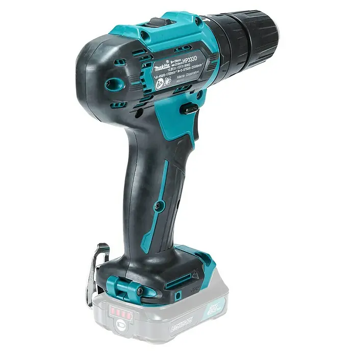 Makita CXT 12V max. Akku-Schlagbohrschrauber HP333DZ - 12 V, Ohne Akku, 30 Nm, Ohne Akku und Zubehör - Makita HP333D Akku-Bohrschrauber in Schwarz-Türkis mit angeschlossenem Akku.