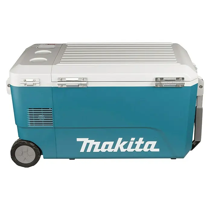 Makita Akku-Kühlbox zum Kühlen & Warmhalten CW002GZ01 - Ohne Akku, 50 l - Blau-weiße Makita Kühlbox mit Rollen, Verschlüssen und Lüftungsgitter.