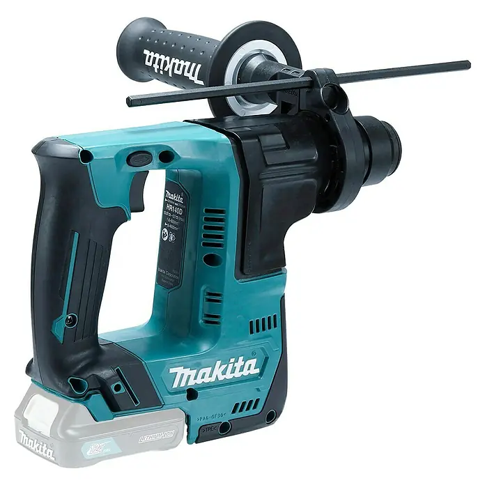 Makita CXT 12V max. Akku-Bohrhammer HR140DZ - 12 V, Ohne Akku, 1 J - Türkis-schwarzer Makita Akku-Bohrhammer mit Zusatzhandgriff und Akku.