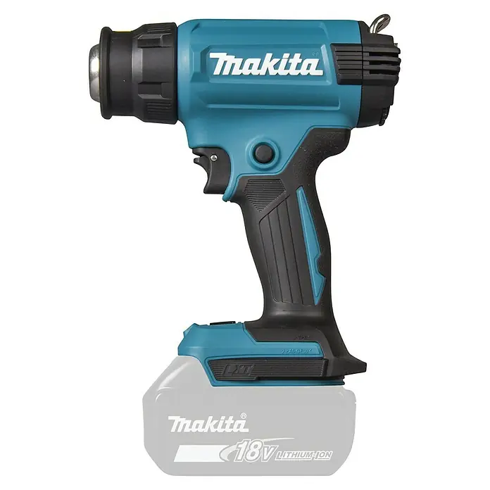 Makita LXT 18V Pistola de aire caliente de batería DHG181ZK - 18 V, Sin batería, Rango de temperaturas: 150 °C - 550 °C - Pistola de calor inalámbrica Makita 18V LXT turquesa y negra, con batería de iones de litio gris.