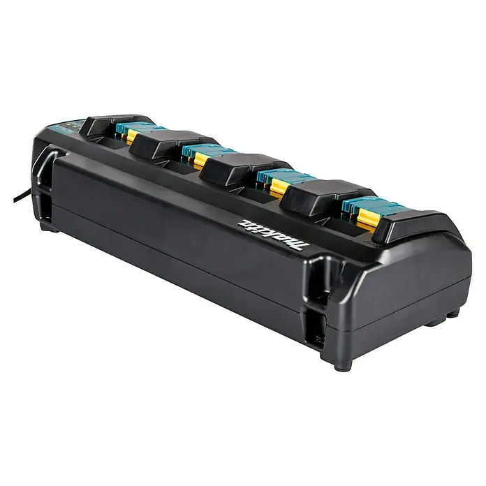 Makita LXT 18V Ladegerät DC18SF - Passend für: Makita Li-Ionen-Akkus 14,4 - 18 V - Schwarzes Makita Mehrfachladegerät mit teal-farbenen und gelben Ladeanschlüssen für Akkus von Elektrowerkzeugen.