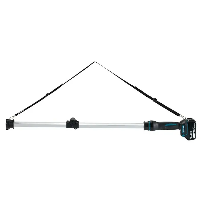 Makita LXT 18V Akku-Stableuchte DML818 - 18 V, Ohne Akku - Makita 18V Akku-Lichtstab mit silbernem Sechskantgehäuse und schwarzem Tragegurt.