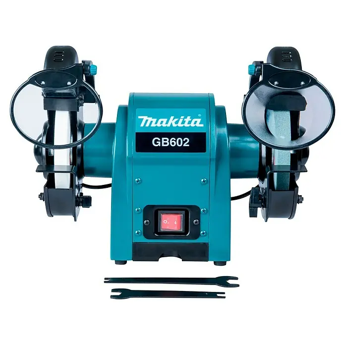 Makita Elektro-Doppelschleifer GB602 - 250 W, 2.850 U/min - Makita GB602 Doppelschleifmaschine in Türkis und Schwarz mit Schleifscheiben, Schutzschilden und orangefarbenem Schalter. Inkl. zwei Schraubenschlüssel.