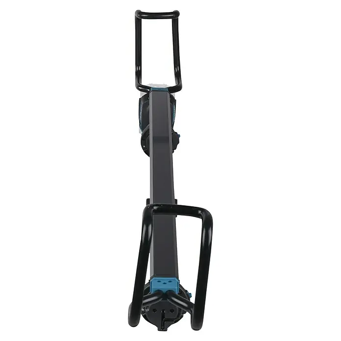 Makita LXT 18V Akku-Stableuchte DML818 - 18 V, Ohne Akku - Vertikaler schwarz-grauer Ständer mit zwei Sätzen gebogener Arme, akzentuiert mit türkisen Details.
