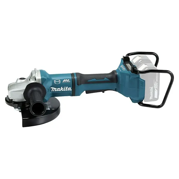Makita LXT 18V Akku-Winkelschleifer DGA900ZKX2 - 18 V, Ohne Akku, Durchmesser Scheibe: 230 mm - Makita kabelloser 18V Winkelschleifer in Türkis und Silber mit Zusatzhandgriff und Akkuhalterung.
