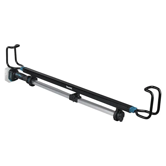 Makita LXT 18V Akku-Stableuchte DML818 - 18 V, Ohne Akku - Makita 18V Akku-LED-Arbeitsleuchte in Schwarz-Silber mit blauen Akzenten und Endhaken.