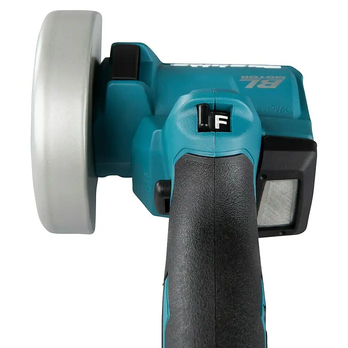 Makita LXT 18V Amoladora angular de batería DMC300Z - 18 V, Sin batería - Primer plano de una herramienta eléctrica manual turquesa y negra con protector plateado y un interruptor marcado con "F".