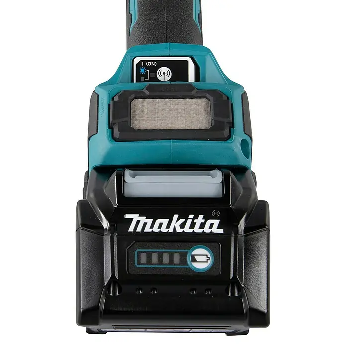 Makita XGT 40V max. Akku-Winkelschleifer GA038GZ - Ohne Akku, Durchmesser Scheibe: 230 mm - Makita Elektrowerkzeug mit schwarzem Akku, Akkuanzeige und "ON"-Display mit Funksymbol.