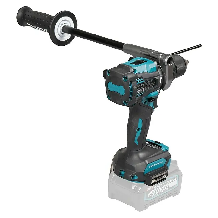 Makita XGT 40V max. Akku-Schlagbohrschrauber HP001GZ - 40 V, Ohne Akku - Schwarz-türkise Akkubohrmaschine mit Seitenhandgriff und Akku.