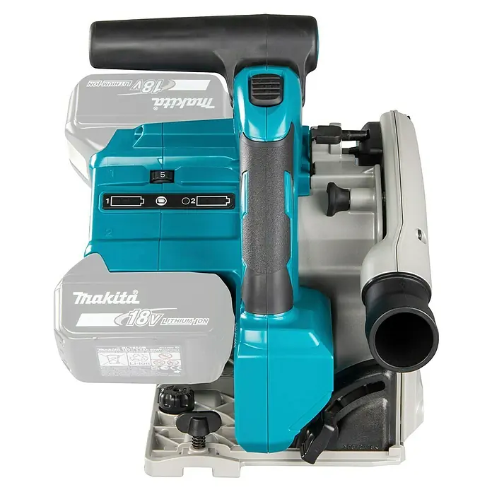Makita LXT 18V Akku-Tauchsäge DSP600ZJ - 18 V, Ohne Akku, 2.500 U/min - 6.300 U/min - Makita Akku-Kreissäge in Türkis und Grau, betrieben mit zwei 18V Lithium-Ionen-Akkus.