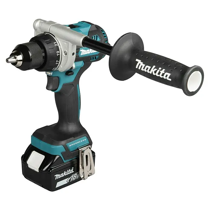 Makita LXT 18V Akku-Bohrschrauber DDF492RTJ - 18 V, 2 Akkus, 130 Nm - Makita 18V Akku-Bohrhammer mit schwarzem und blaugrünem Gehäuse, silbernem Futter und schwarzem Seitenhandgriff.