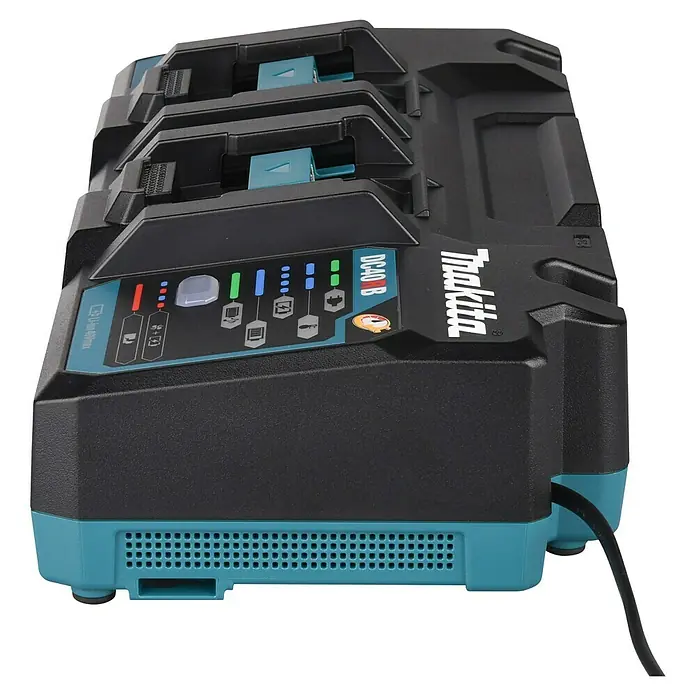 Makita XGT 40V max. Batterie-Ladegerät Doppel-Schnellladegerät - 40 V - Makita DC40RB schwarzes und türkises Doppel-Schnellladegerät für XGT-Akkus, mit Statusanzeigen und Netzkabel.