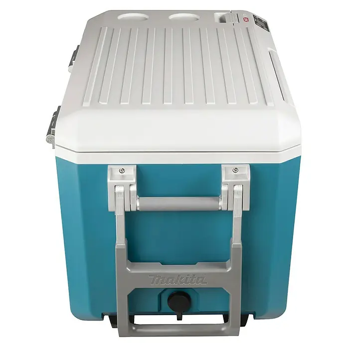 Makita Akku-Kühlbox zum Kühlen & Warmhalten CW002GZ01 - Ohne Akku, 50 l - Makita Kühlbox in Türkis und Weiß mit grauen Griffen und Rädern, ausgestattet mit Ablassschraube und Becherhaltern oben.