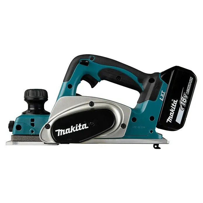 Makita LXT 18V Akku-Handhobel DKP180RTJ - 18 V, 2 Akkus, Hobelbreite: 82 mm, 5 Ah - Makita 18V LXT Akku-Elektrohobel in Türkis, Schwarz und Silber, mit Lithium-Ionen-Akku.