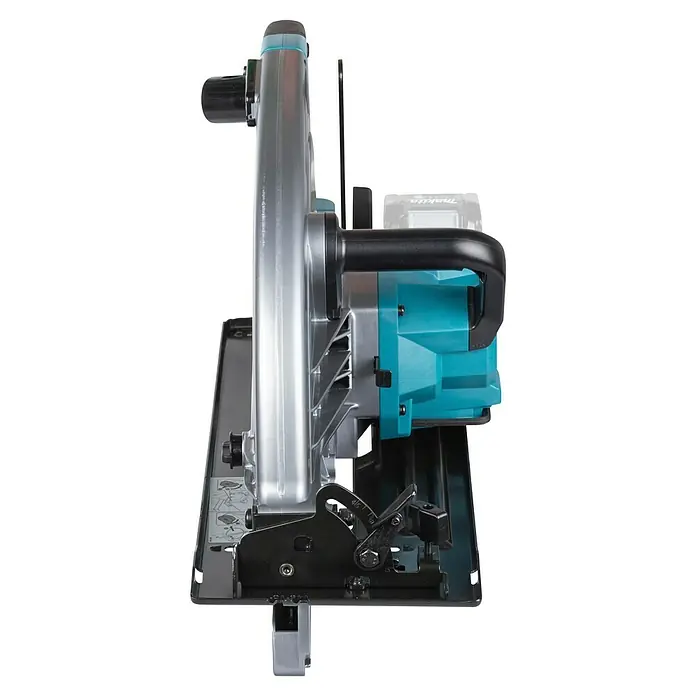 Makita XGT 40V max. Akku-Handkreissäge HS013GZ - 40 V, Ohne Akku, Durchmesser Sägeblatt: 415 mm, 2.100 U/min - Seitenansicht einer türkis-silbernen Akku-Kreissäge mit schwarzem Griff und Grundplatte, die das Sägeblatt zeigt.