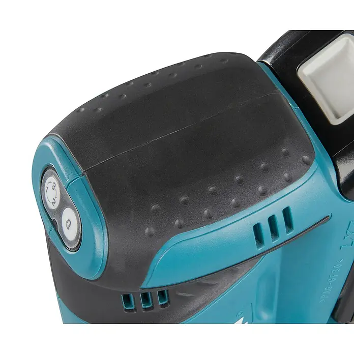 Makita LXT 18V Lijadora excéntrica de batería DBO180RTJ -  - Primer plano de una herramienta eléctrica turquesa y negra con empuñadura de goma texturizada, botones de control de velocidad/modo y ranuras de ventilación.