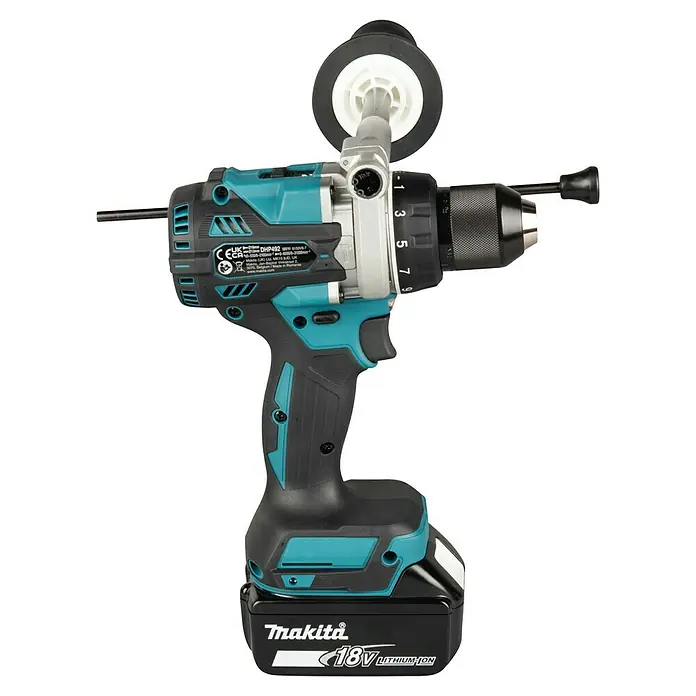Makita LXT 18V Taladro atornillador percutor de batería DHP492RTJ - 18 V, 2 baterías, 5 Ah, 130 Nm - Taladro percutor inalámbrico Makita, negro y turquesa, con tope de profundidad y batería de 18V.