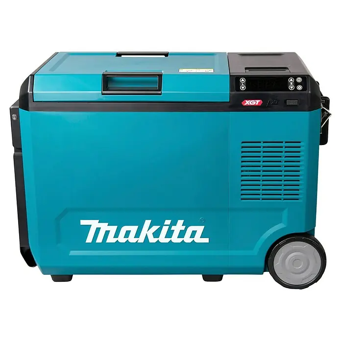 Makita Akku-Kühlbox zum Kühlen & Warmhalten CW004GZ - 18 V, Ohne Akku, 29 l - Türkise Makita Kühlbox mit schwarzem Deckel, digitaler Steuerung und Rädern.