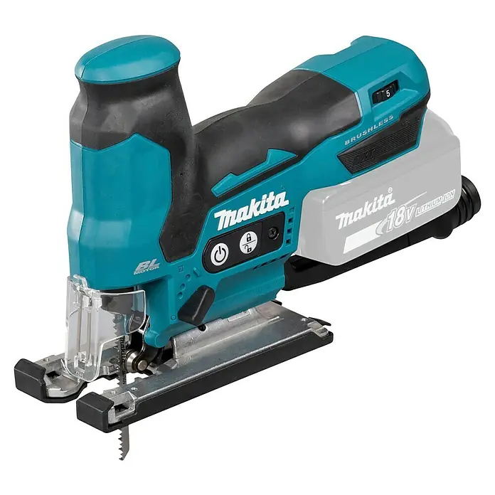 Makita LXT 18V Akku-Pendelhubstichsäge DJV185Z - 18 V, Ohne Akku, Leerlaufhubzahl: 800 /min - 3.000 /min - Makita 18V Akku-Pendelhubstichsäge in Türkis und Schwarz mit bürstenlosem Motor, klarer Schutzhaube und Sägeblatt.