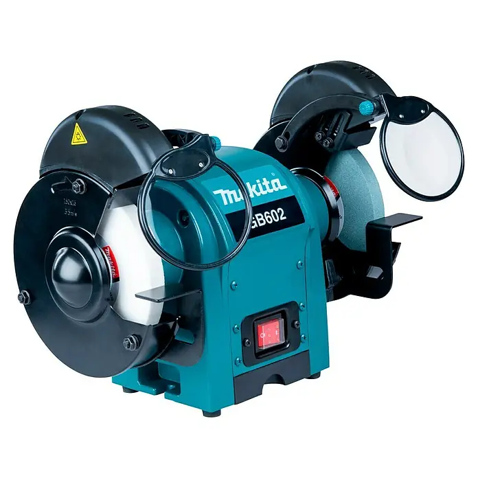 Makita Elektro-Doppelschleifer GB602 - 250 W, 2.850 U/min - Makita GB602 Schleifmaschine in Türkis und Schwarz mit zwei Schleifscheiben, Schutzvorrichtungen und durchsichtigen Schutzscheiben.