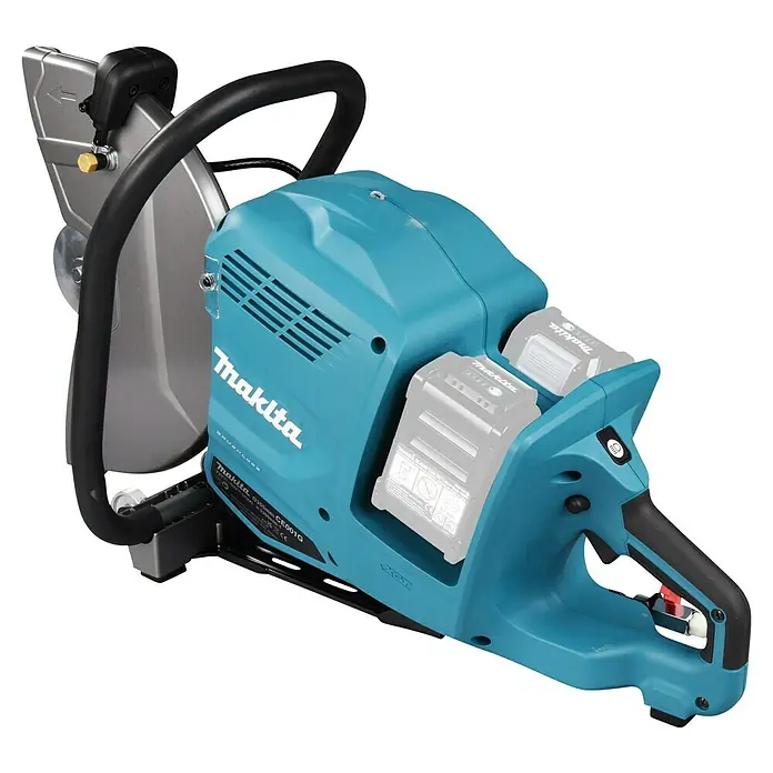 Makita XGT 40V max. Akku-Trennschleifer - Ohne Akku, 5.300 U/min - Makita akkubetriebene türkise Trennsäge mit zwei Akkus, schwarzem Griff und silbernem Blattschutz.