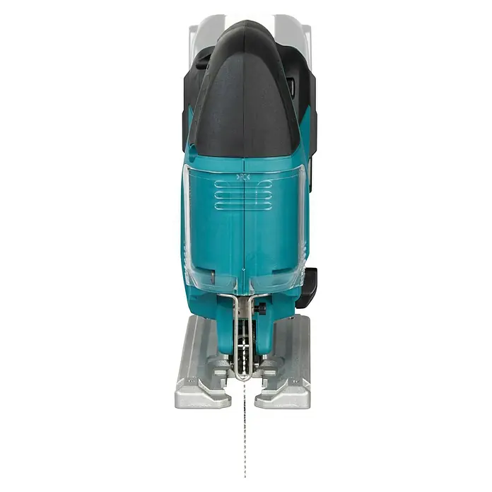 Makita LXT 18V Akku-Pendelhubstichsäge DJV186Z - 18 V, Ohne Akku, 2.900 /min - Frontansicht einer türkis-schwarzen Stichsäge mit durchsichtigem Staubschutz und silberner Grundplatte, Sägeblatt sichtbar.