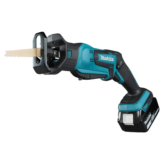 Makita LXT 18V Akku-Säbelsäge DJR183RT1J - 18 V, 1 Akku, 5 Ah, Leerlaufhubzahl: 0 /min - 3.000 /min - Makita Akku-Säbelsäge in Schwarz und Türkis, mit eingesetztem Sägeblatt und Akkupack.
