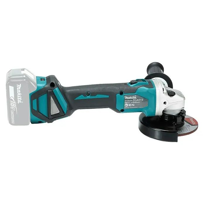 Makita LXT 18V Akku-Winkelschleifer DGA513Z - 18 V, Ohne Akku, Durchmesser Scheibe: 125 mm - Makita 18V DGA513 Akku-Winkelschleifer in Türkis und Schwarz mit rötlich-brauner Schleifscheibe.