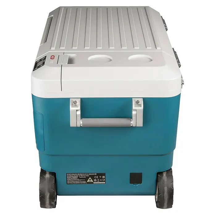 Makita Akku-Kühlbox zum Kühlen & Warmhalten CW002GZ01 - Ohne Akku, 50 l - Türkise und weiße kabellose Kühl- und Warmhaltebox mit Rädern, Griffen und Bedienfeld.