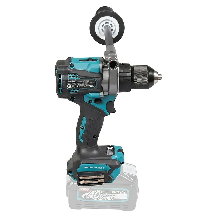 Makita XGT 40V max. Taladro atornillador de batería DF001GZ - 40 V, Sin batería - Taladro inalámbrico Makita turquesa y negro con batería 40V XGT y accesorio de extracción de polvo.