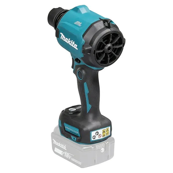 Makita LXT 18V Akku-Gebläse DAS180Z - 18 V, Ohne Akku, 200 mm/s - Türkis-schwarze Makita 18V Akku-Heißluftpistole mit bürstenlosem Motor und angeschlossenem Akku.