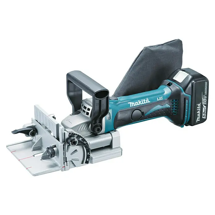 Makita LXT 18V Akku-Nutfräse DPJ180RTJ - 18 V, 5 Ah, Anzahl Akkus: 2 Akkus, 20 mm - Makita Akku-Flachdübelfräse in Türkis, Schwarz und Silber, mit Akkupack und Staubbeutel.