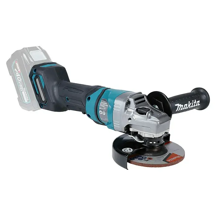 Makita XGT 40V max. Akku-Winkelschleifer GA050GZ - Ohne Akku, Durchmesser Scheibe: 125 mm - Makita GA050G 40V max Akku-Winkelschleifer mit schwarzem, türkisfarbenem und silbernem Gehäuse, Schleifscheibe und Seitenhandgriff.