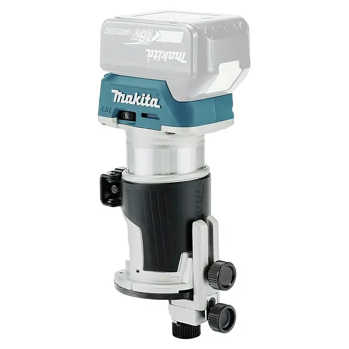 Makita LXT 18V Akku-Multifunktionsfräse DRT50ZJX2 - 18 V, Ohne Akku, Leerlaufdrehzahl: 10.000 U/min - 30.000 U/min - Makita Akku-Oberfräse mit grauem Akku, blauem Gehäuse und silbernem Korpus, mit Drehzahlregler und Tiefenverstellung.