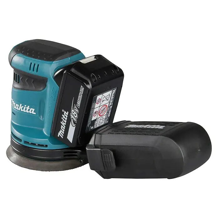 Makita LXT 18V Lijadora excéntrica de batería DBO180RTJ -  - Lijadora orbital aleatoria Makita turquesa y negra con batería de iones de litio Makita 18V separada.