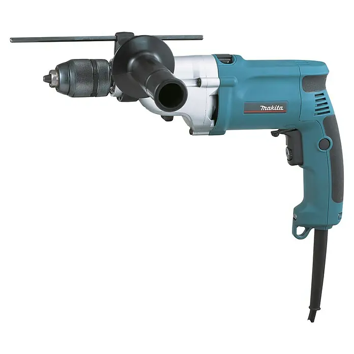 Makita Schlagbohrmaschine HP2051J - 720 W, Schnellspannbohrfutter - Türkis-silberne Makita Elektro-Schlagbohrmaschine mit schwarzem Zusatzgriff und Tiefenanschlag aus Metall.