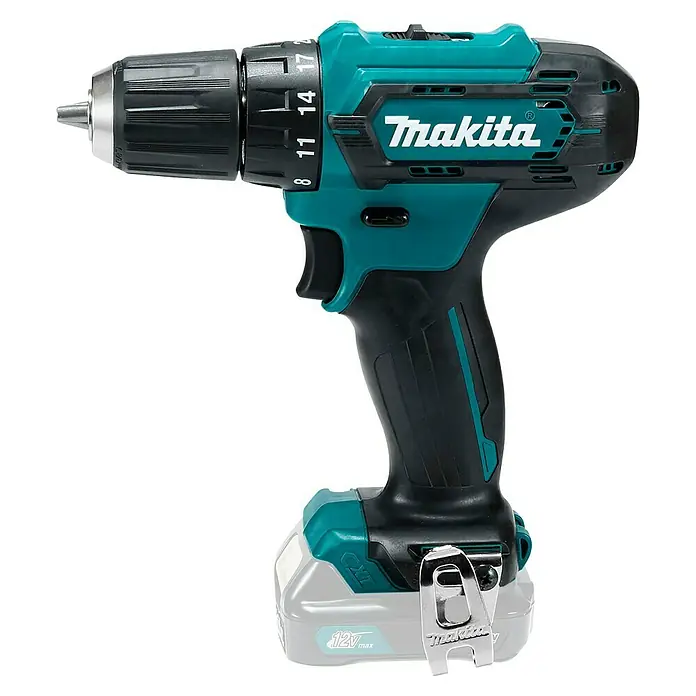 Makita CXT 12V max. Akku-Bohrschrauber DF333DZ - 12 V, Ohne Akku - Türkis-schwarzer Makita 12V max Akku-Bohrschrauber mit sichtbaren Kupplungseinstellungen und Gürtelclip.