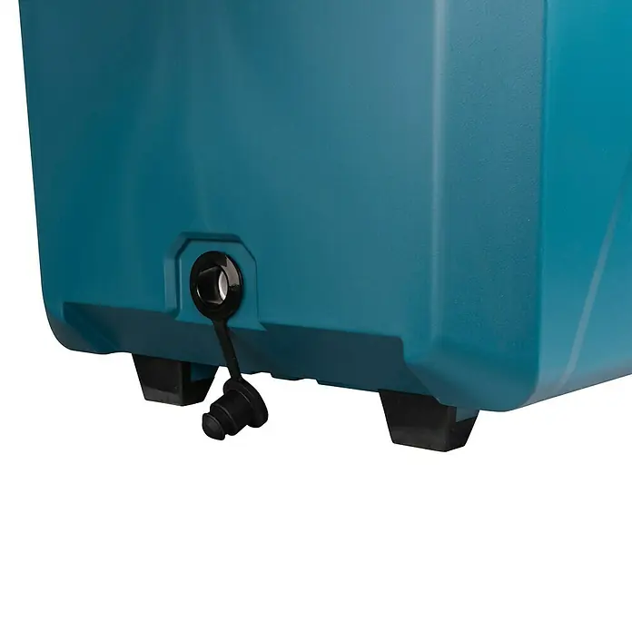 Makita Akku-Kühlbox zum Kühlen & Warmhalten CW002GZ01 - Ohne Akku, 50 l - Türkiser Kunststoffbehälter mit schwarzem Ablassstopfen und schwarzen Füßen.