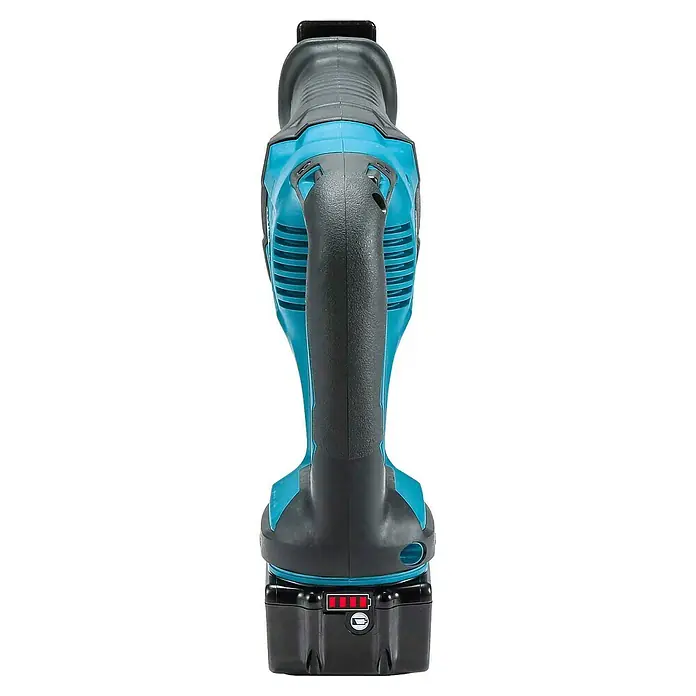 Makita LXT 18V Akku-Säbelsäge DJR186RT - 18 V, 1 Akku, 5 Ah, Leerlaufhubzahl: 0 /min - 2.800 /min - Rückansicht eines schwarz-türkisen Akku-Elektrowerkzeugs mit ergonomischem Griff und Akku mit Ladeanzeige.